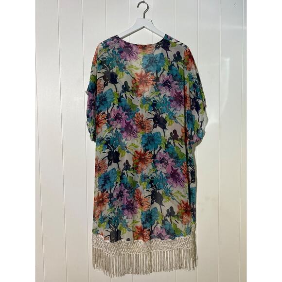 Floral Kimono Cover-Up With Fringe Hem & Tie Closure Multiple Colors M/L - Picture 5 of 5